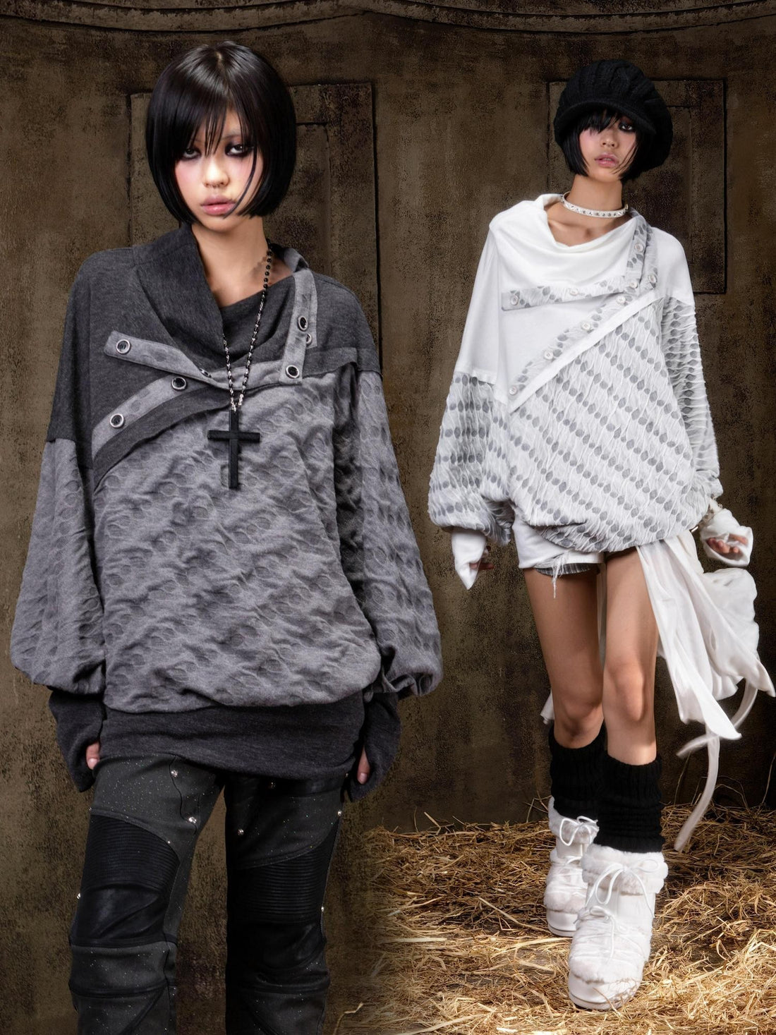 ARIADNAw Polka Dot Knitted Batwing Stacked Neck Patchwork Women&