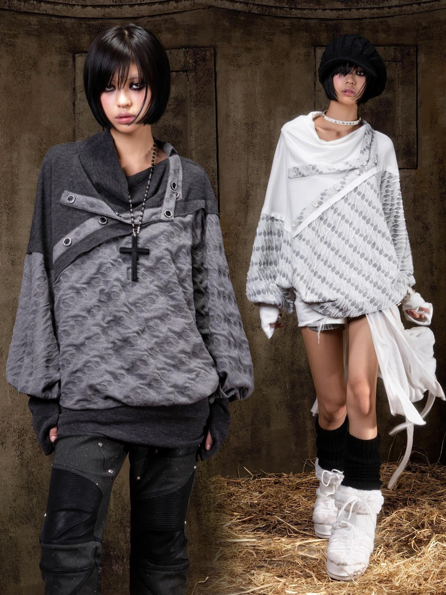 ARIADNAw Polka Dot Knitted Batwing Stacked Neck Patchwork Women&