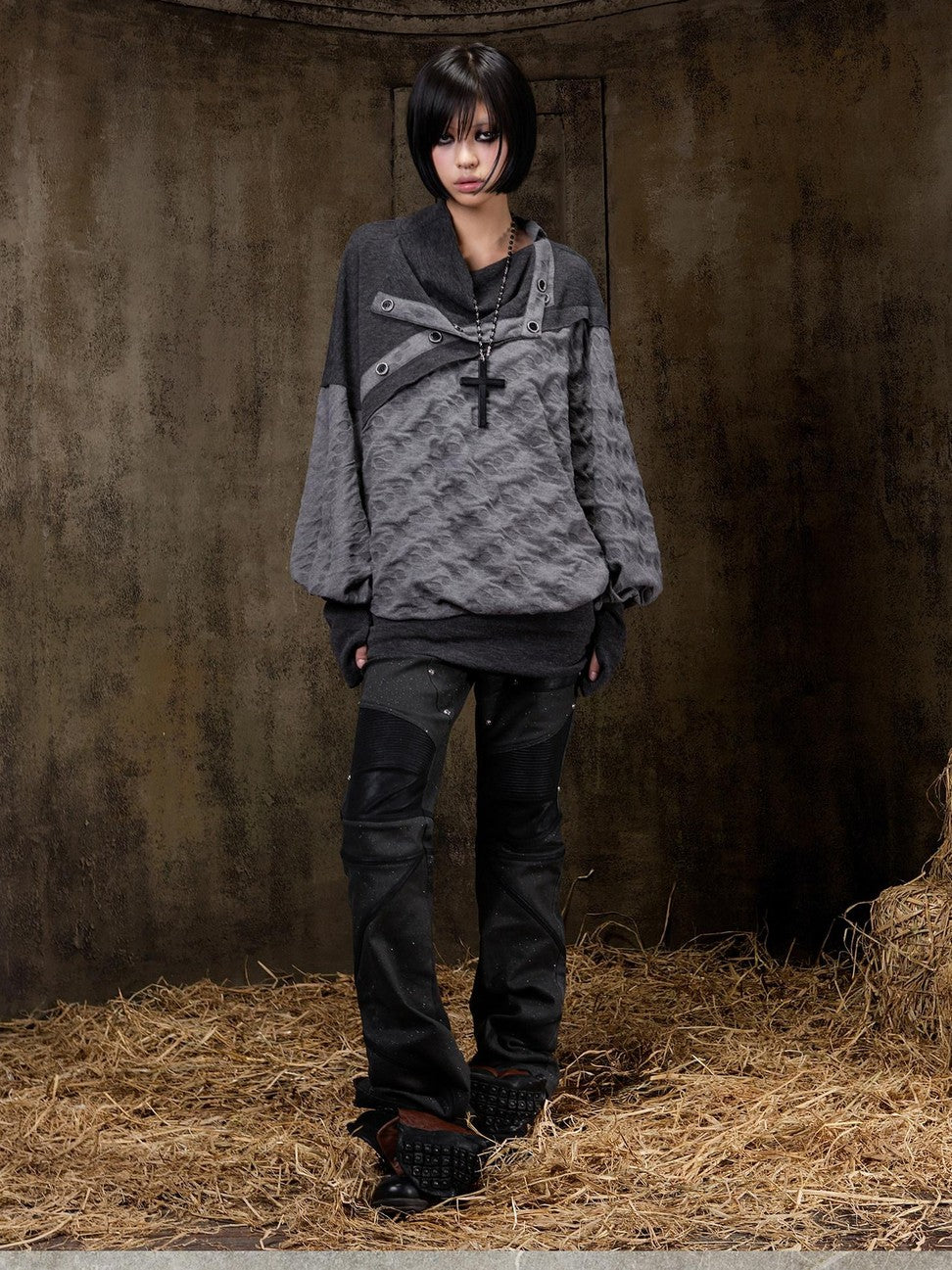 ARIADNAw Polka Dot Knitted Batwing Stacked Neck Patchwork Women&