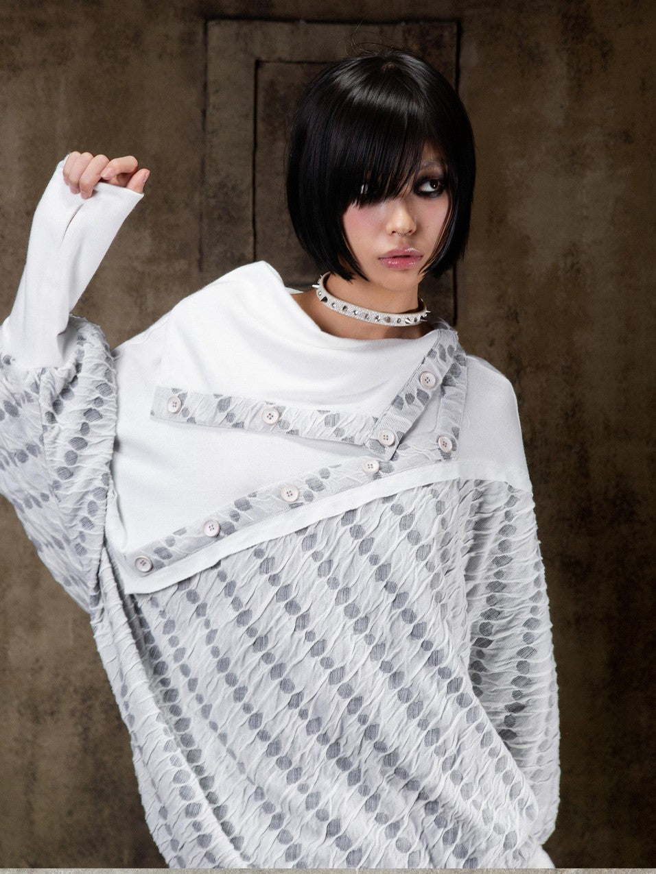 ARIADNAw Polka Dot Knitted Batwing Stacked Neck Patchwork Women&