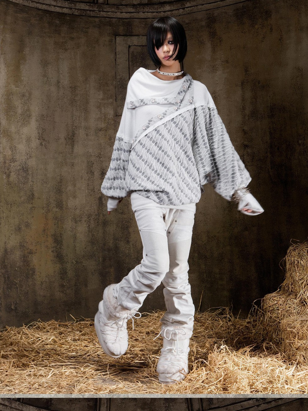 ARIADNAw Polka Dot Knitted Batwing Stacked Neck Patchwork Women&