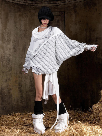 ARIADNAw Polka Dot Knitted Batwing Stacked Neck Patchwork Women&