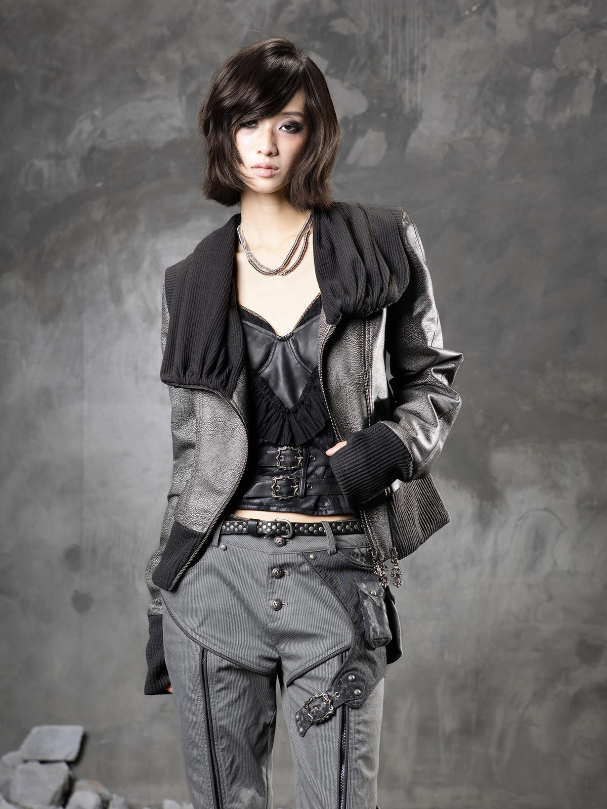 ARIADNAw Punk Cowl Neck Long Sleeve Pu Women&