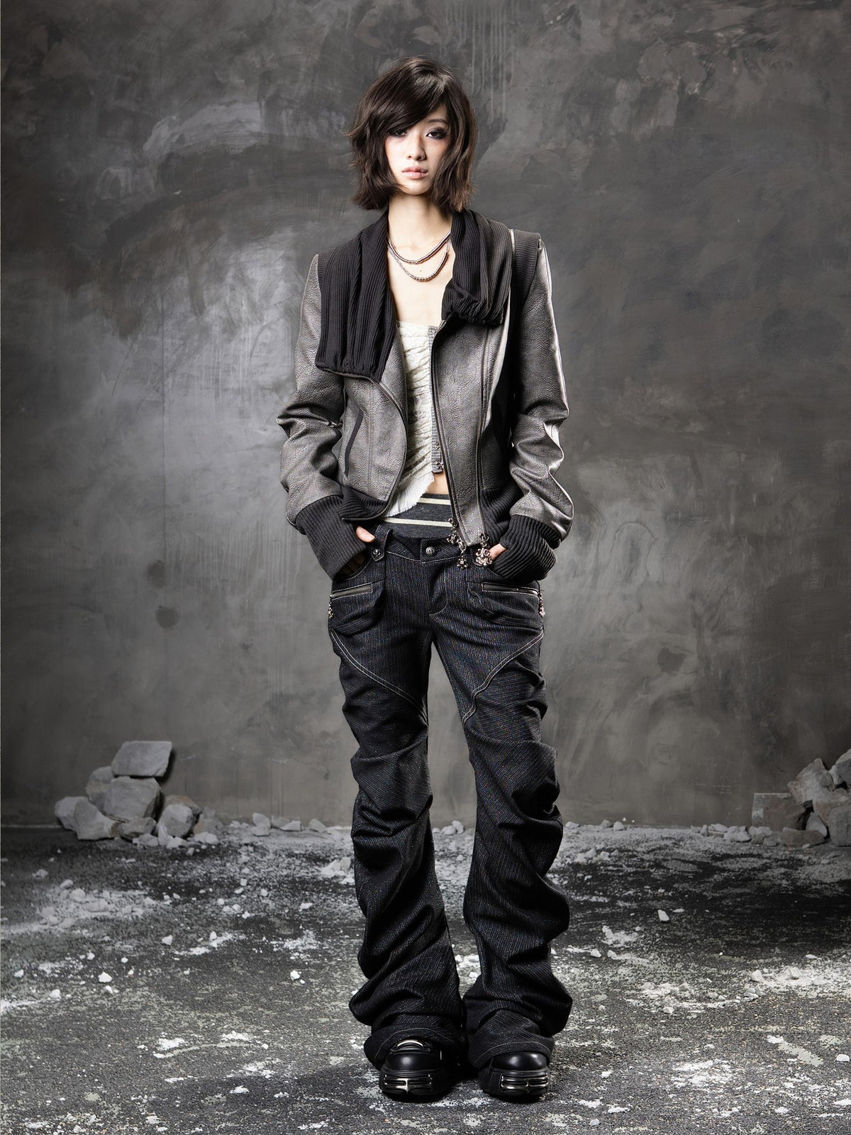 ARIADNAw Punk Cowl Neck Long Sleeve Pu Women&
