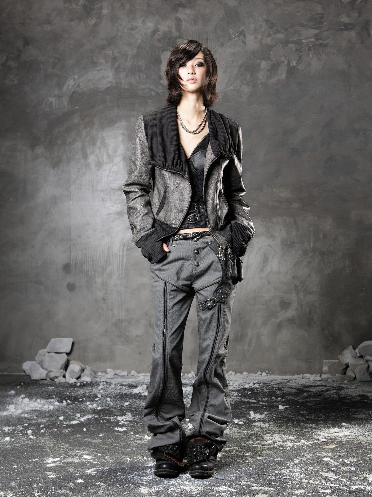 ARIADNAw Punk Cowl Neck Long Sleeve Pu Women&
