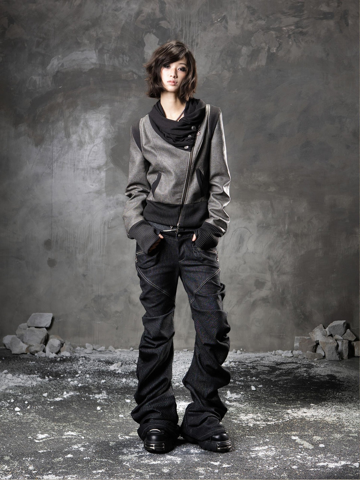 ARIADNAw Punk Cowl Neck Long Sleeve Pu Women&