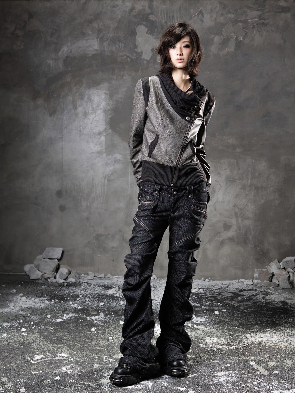 ARIADNAw Punk Cowl Neck Long Sleeve Pu Women&