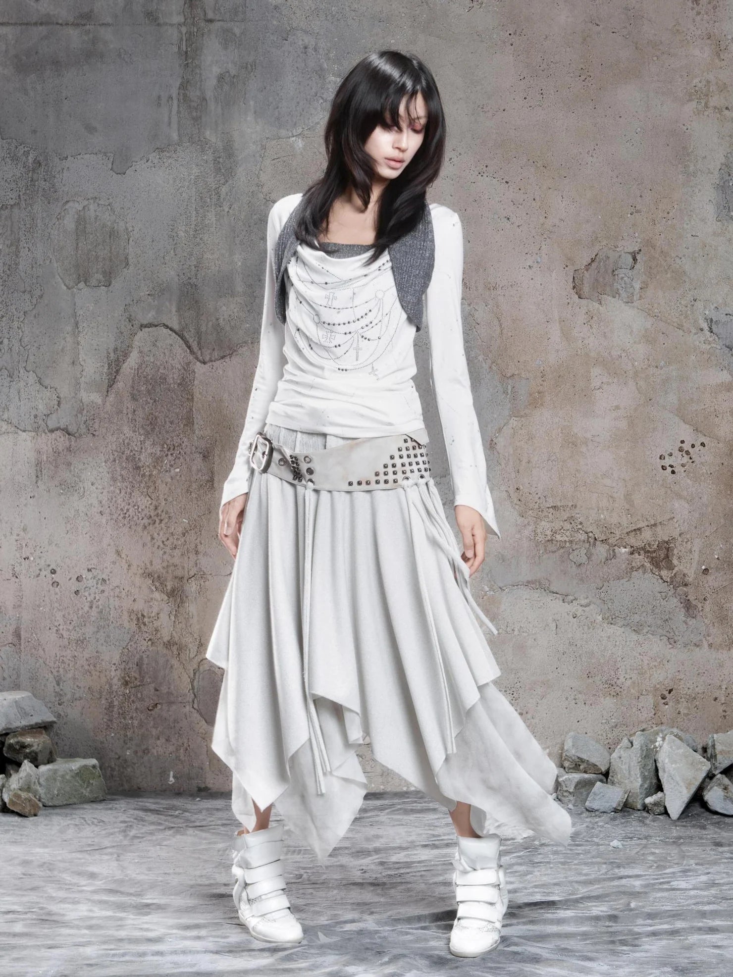 Punk Multi Layer Rivet Asymmetrical Long Skirt Skirt