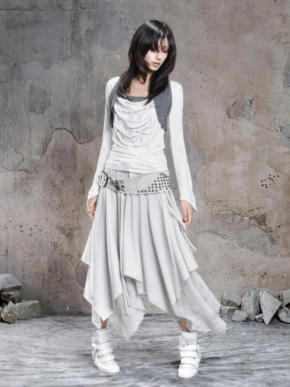 Punk Multi Layer Rivet Asymmetrical Long Skirt Skirt
