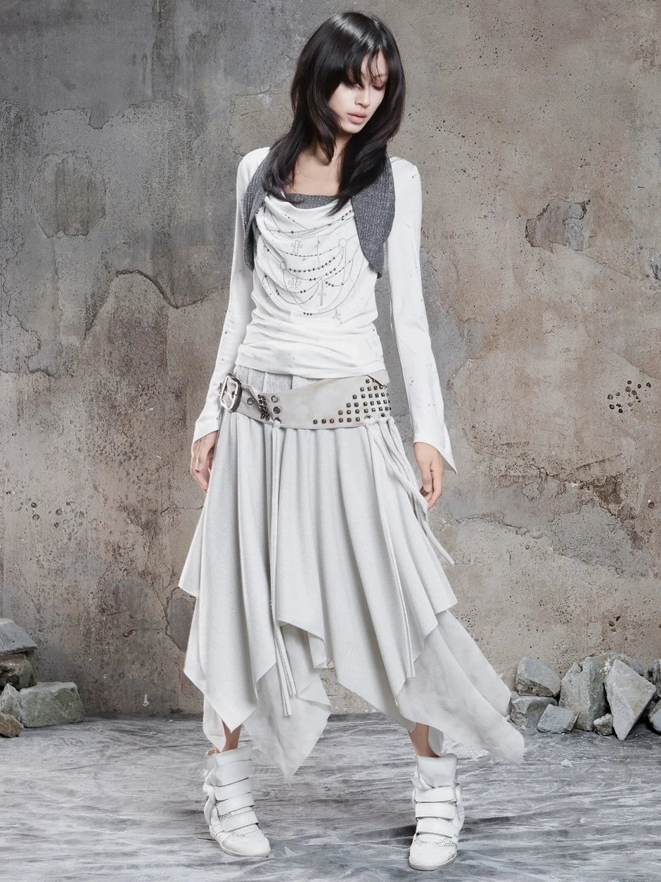 Punk Multi Layer Rivet Asymmetrical Long Skirt Skirt
