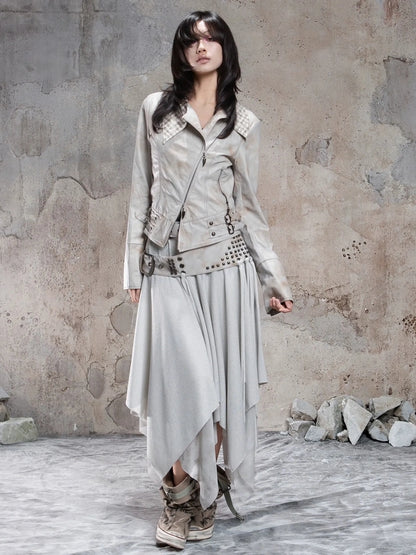 Punk Multi Layer Rivet Asymmetrical Long Skirt Skirt