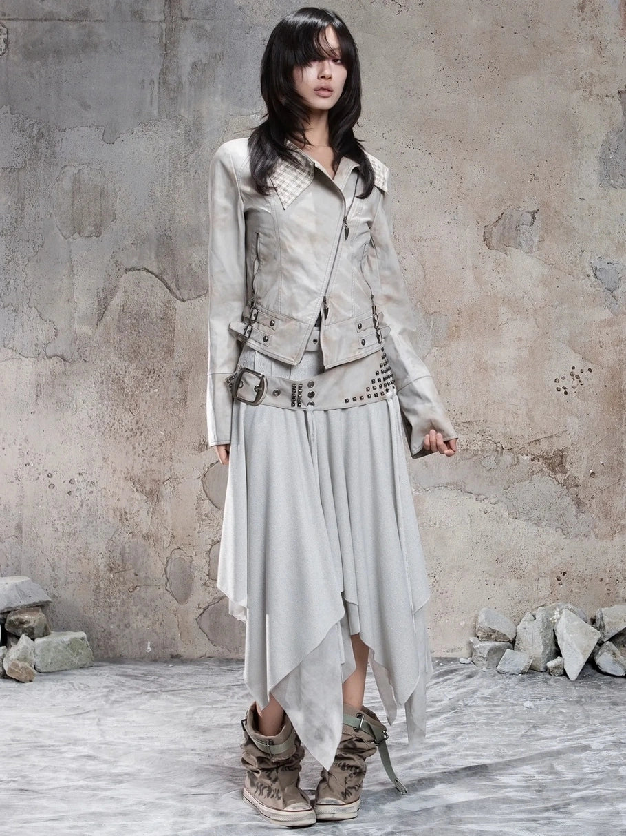 Punk Multi Layer Rivet Asymmetrical Long Skirt Skirt