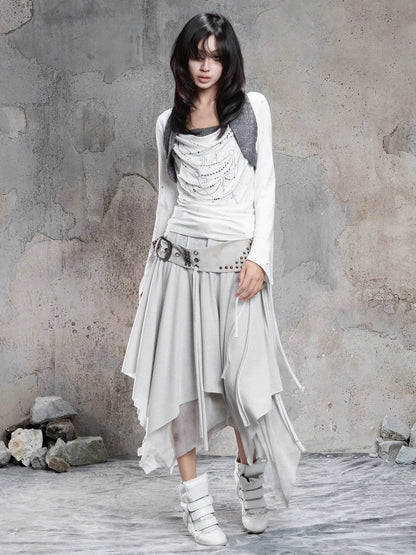 Punk Multi Layer Rivet Asymmetrical Long Skirt Skirt