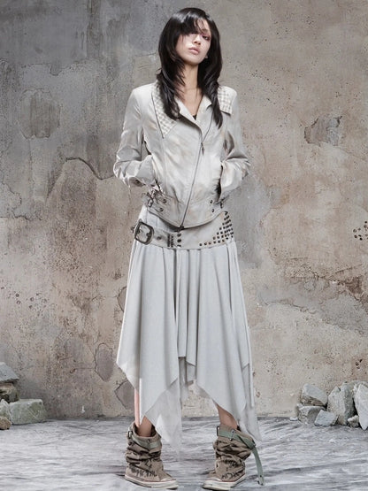 Punk Multi Layer Rivet Asymmetrical Long Skirt Skirt