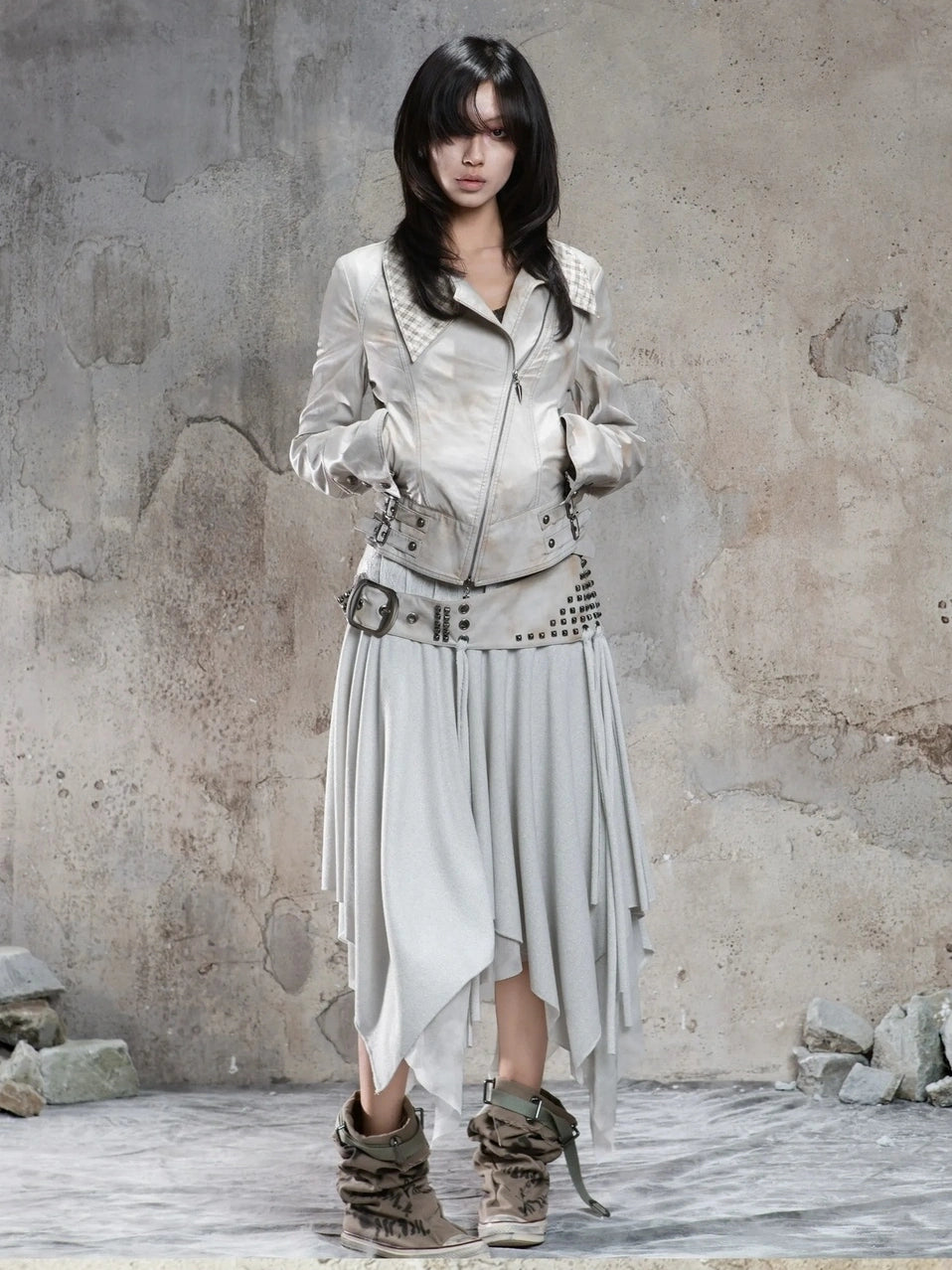 Punk Multi Layer Rivet Asymmetrical Long Skirt Skirt