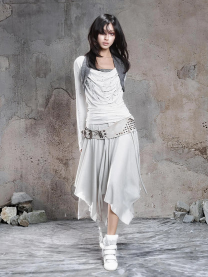 Punk Multi Layer Rivet Asymmetrical Long Skirt Skirt