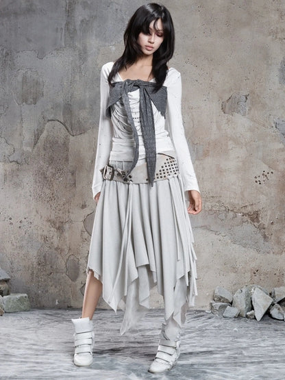 Punk Multi Layer Rivet Asymmetrical Long Skirt Skirt