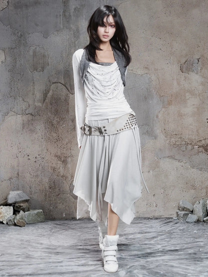 Punk Multi Layer Rivet Asymmetrical Long Skirt Skirt
