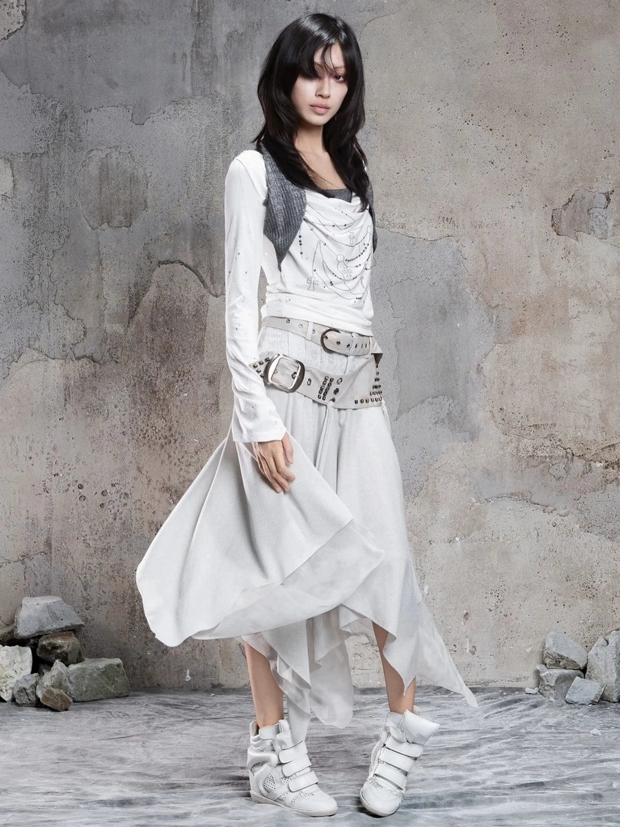 Punk Multi Layer Rivet Asymmetrical Long Skirt Skirt