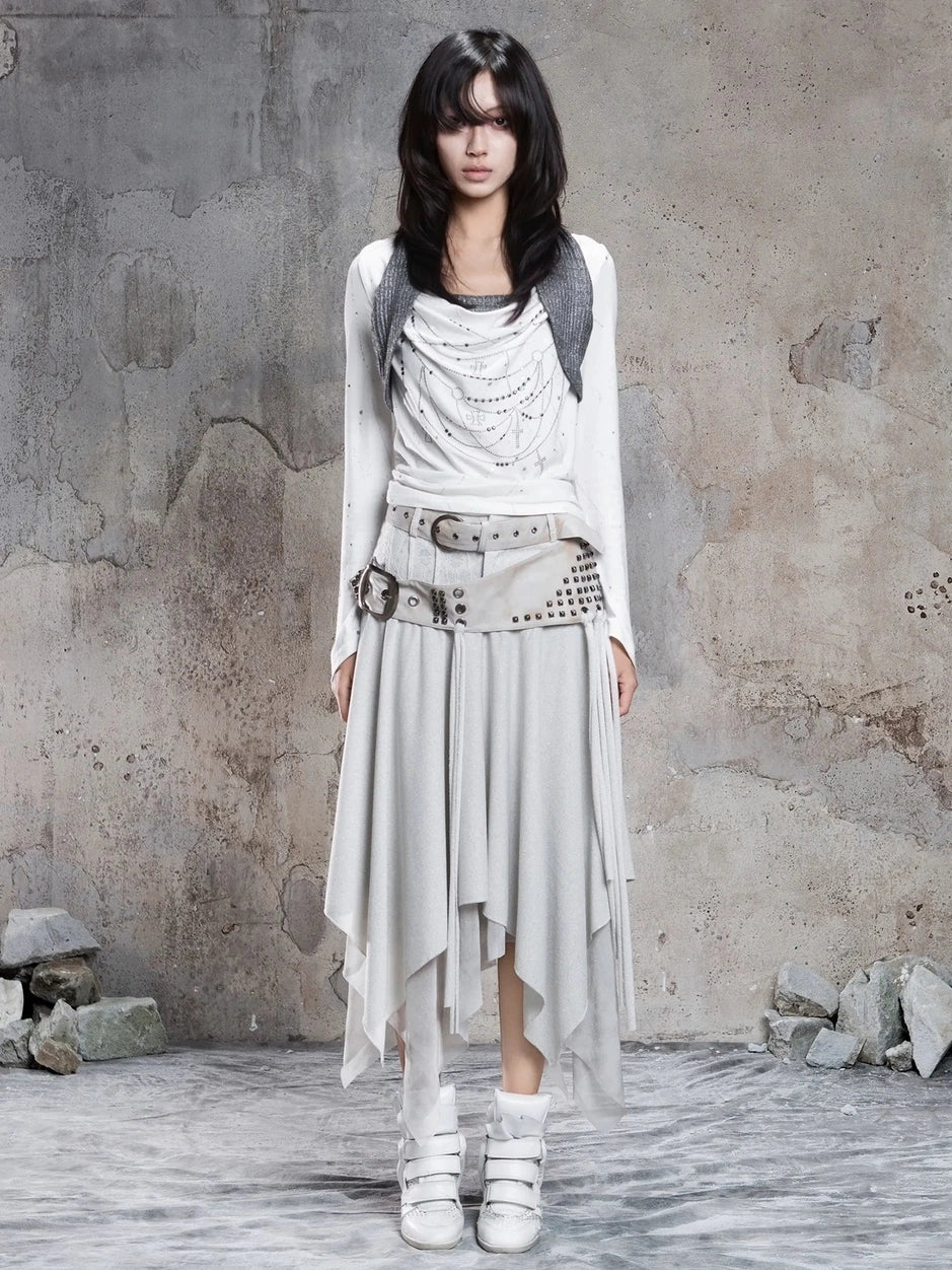 Punk Multi Layer Rivet Asymmetrical Long Skirt Skirt