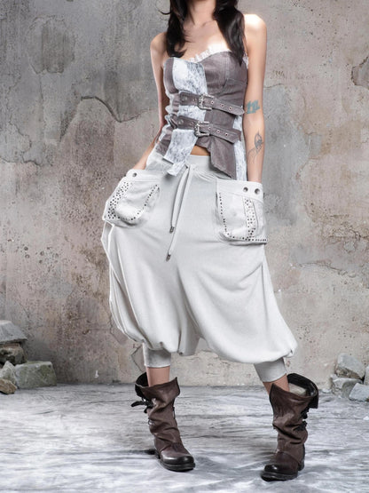 ARIADNAw Retro Punk Solid Color Cargo Pocket Culottes Pants