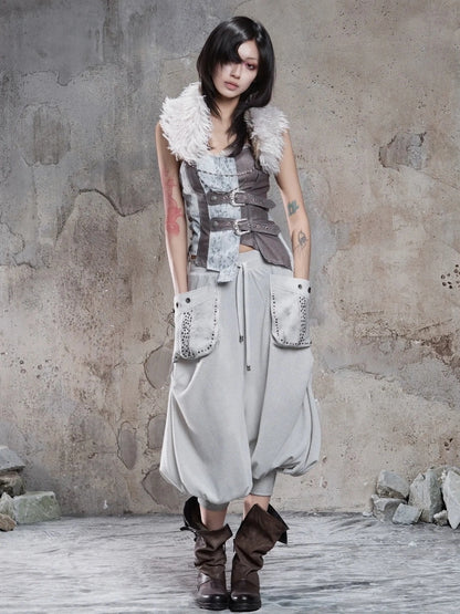 ARIADNAw Retro Punk Solid Color Cargo Pocket Culottes Pants