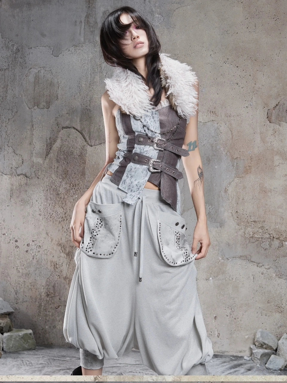 ARIADNAw Retro Punk Solid Color Cargo Pocket Culottes Pants