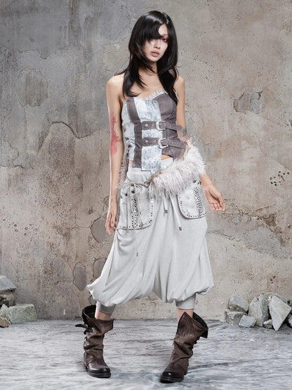 ARIADNAw Retro Punk Solid Color Cargo Pocket Culottes Pants