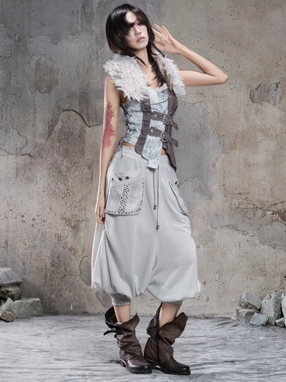 ARIADNAw Retro Punk Solid Color Cargo Pocket Culottes Pants