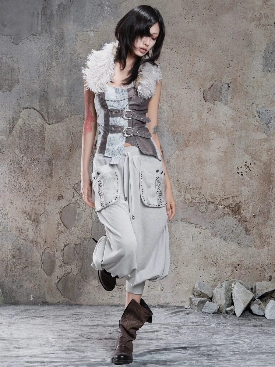 ARIADNAw Retro Punk Solid Color Cargo Pocket Culottes Pants