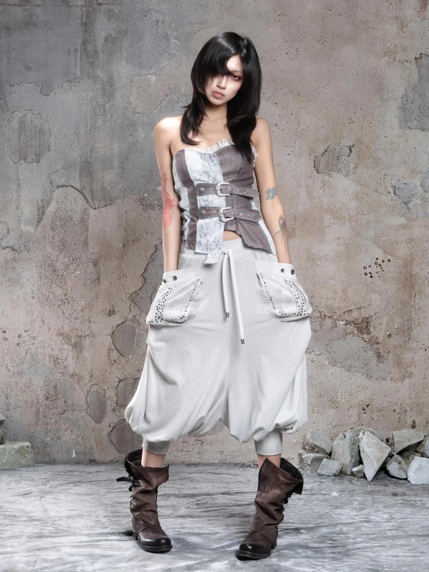 ARIADNAw Retro Punk Solid Color Cargo Pocket Culottes Pants