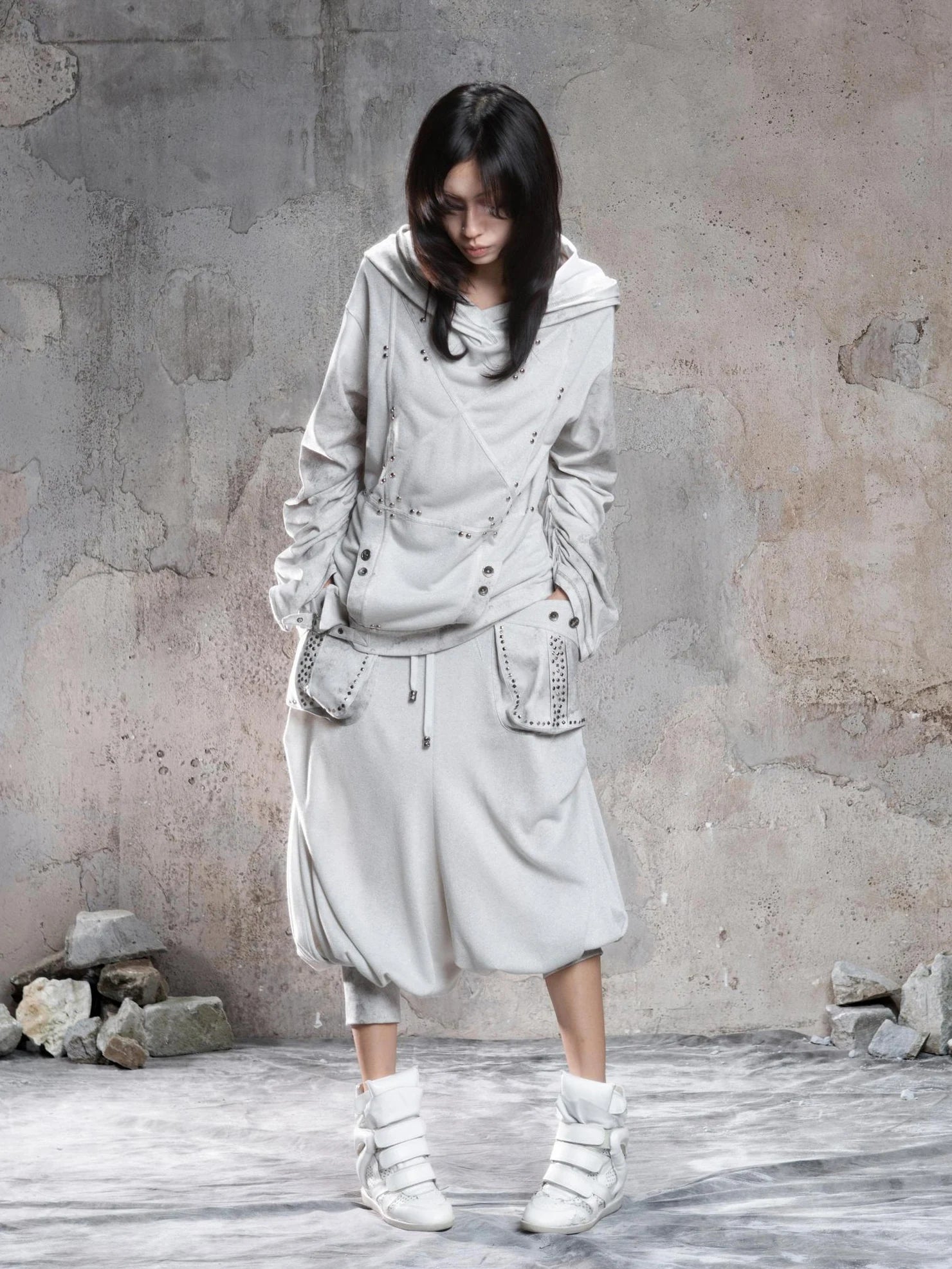 ARIADNAw Retro Punk Solid Color Cargo Pocket Culottes Pants