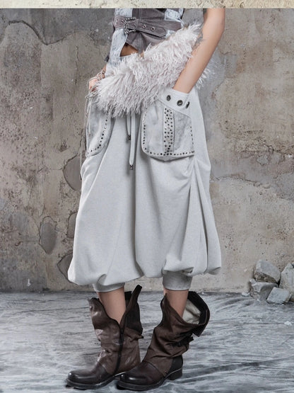 ARIADNAw Retro Punk Solid Color Cargo Pocket Culottes Pants