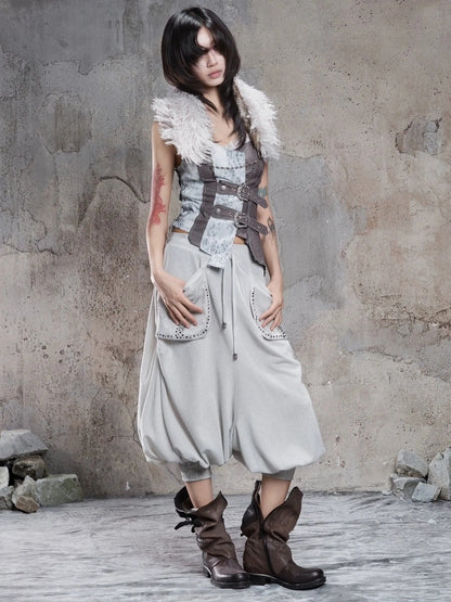 ARIADNAw Retro Punk Solid Color Cargo Pocket Culottes Pants