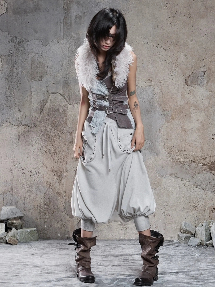 ARIADNAw Retro Punk Solid Color Cargo Pocket Culottes Pants