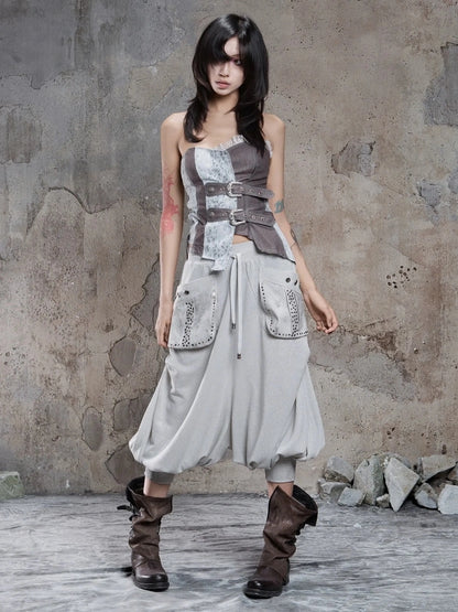 ARIADNAw Retro Punk Solid Color Cargo Pocket Culottes Pants