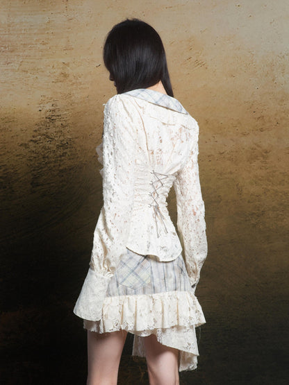 ARIADNAw Romantic Vintage Ruffle Double Layer Collar Cutout Slim Women&