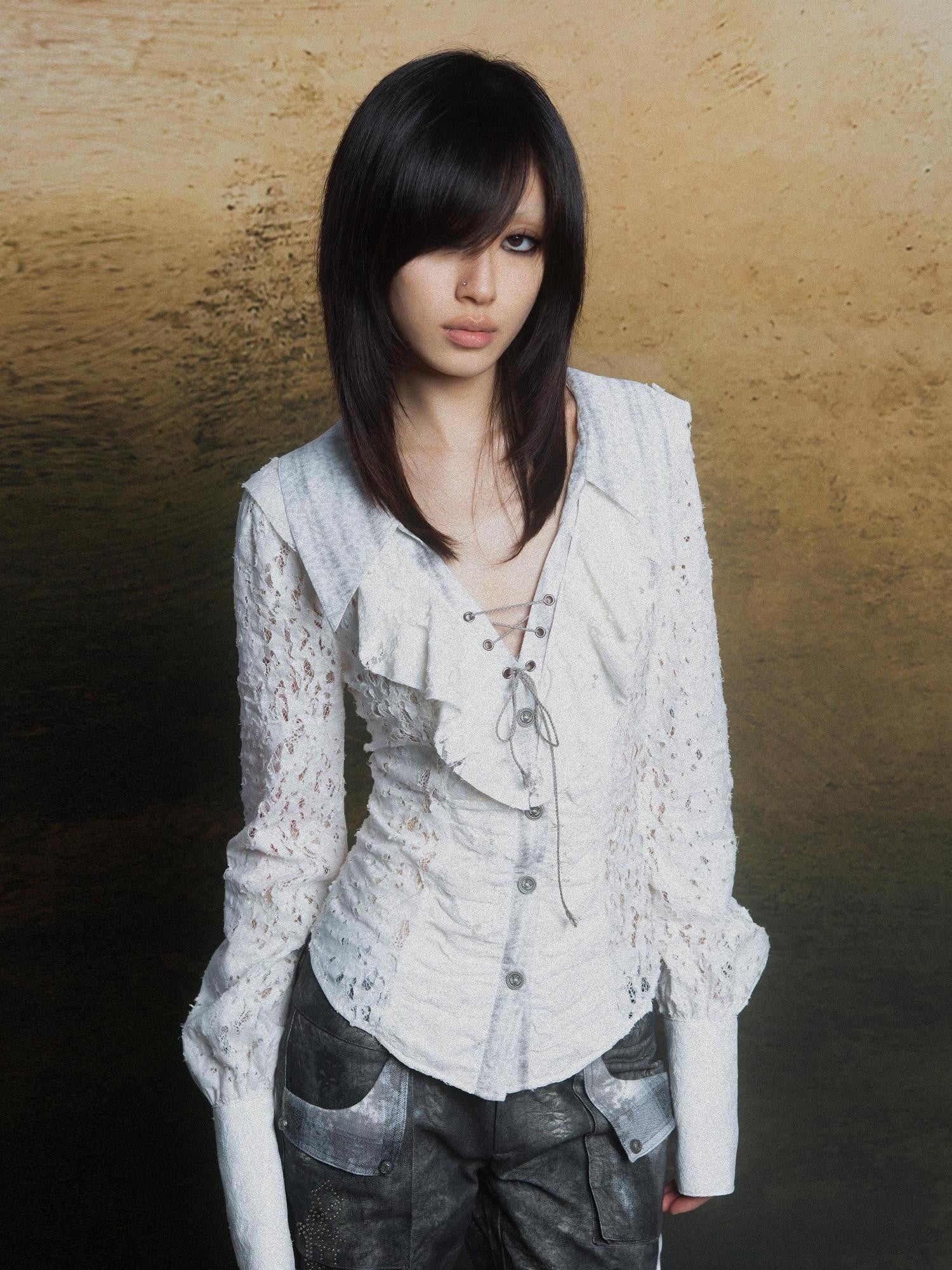 ARIADNAw Romantic Vintage Ruffle Double Layer Collar Cutout Slim Women&