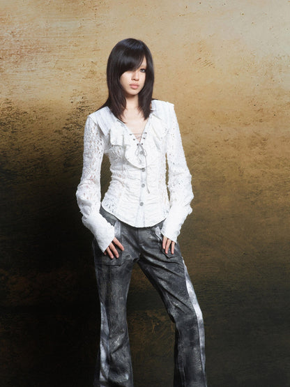 ARIADNAw Romantic Vintage Ruffle Double Layer Collar Cutout Slim Women&