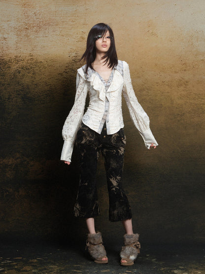 ARIADNAw Romantic Vintage Ruffle Double Layer Collar Cutout Slim Women&