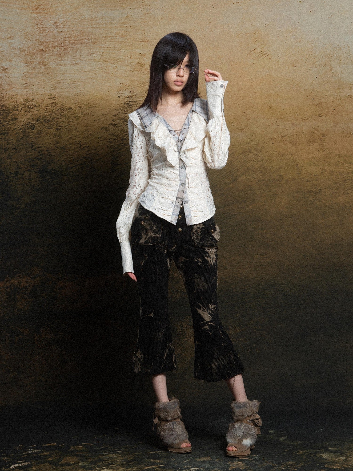 ARIADNAw Romantic Vintage Ruffle Double Layer Collar Cutout Slim Women&