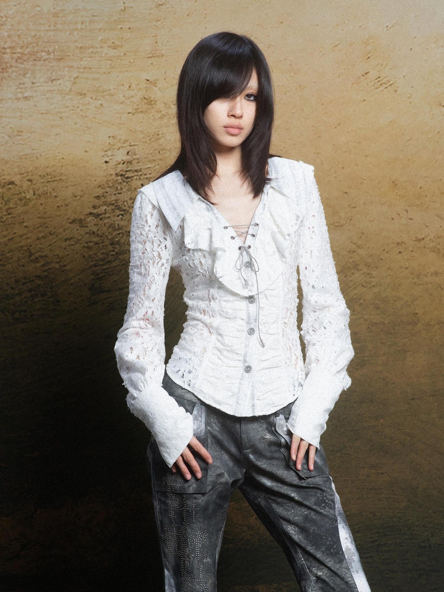 ARIADNAw Romantic Vintage Ruffle Double Layer Collar Cutout Slim Women&