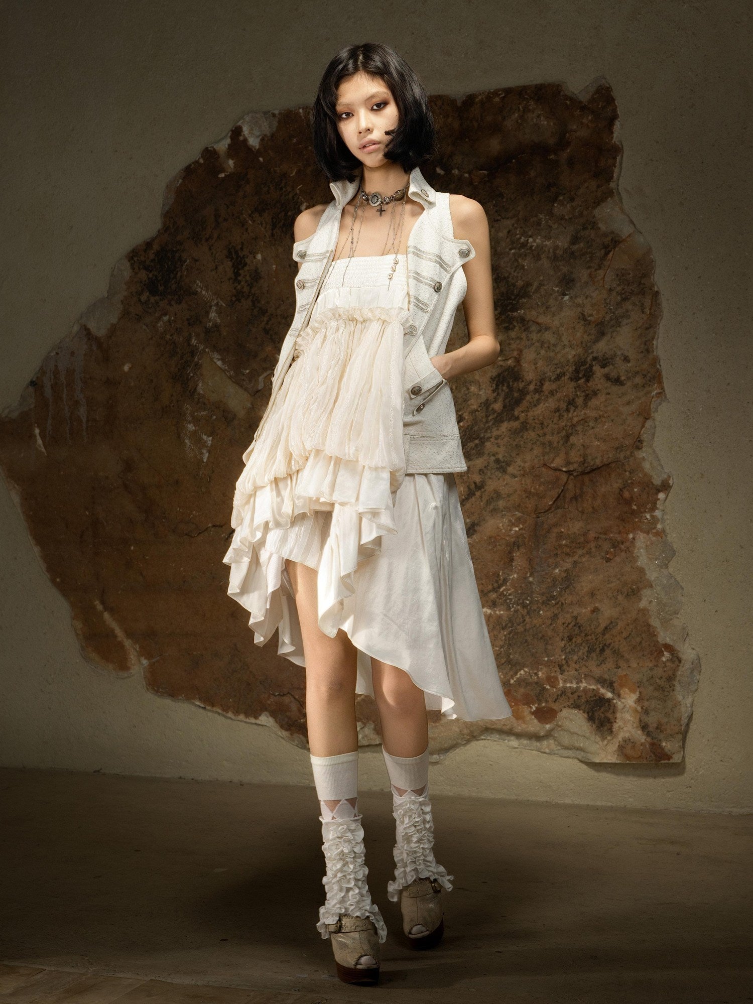 ARIADNAw Slim Fit Collared Halter Neck Zip Front Women Ivory Gray Puff-Sleeve Blouses