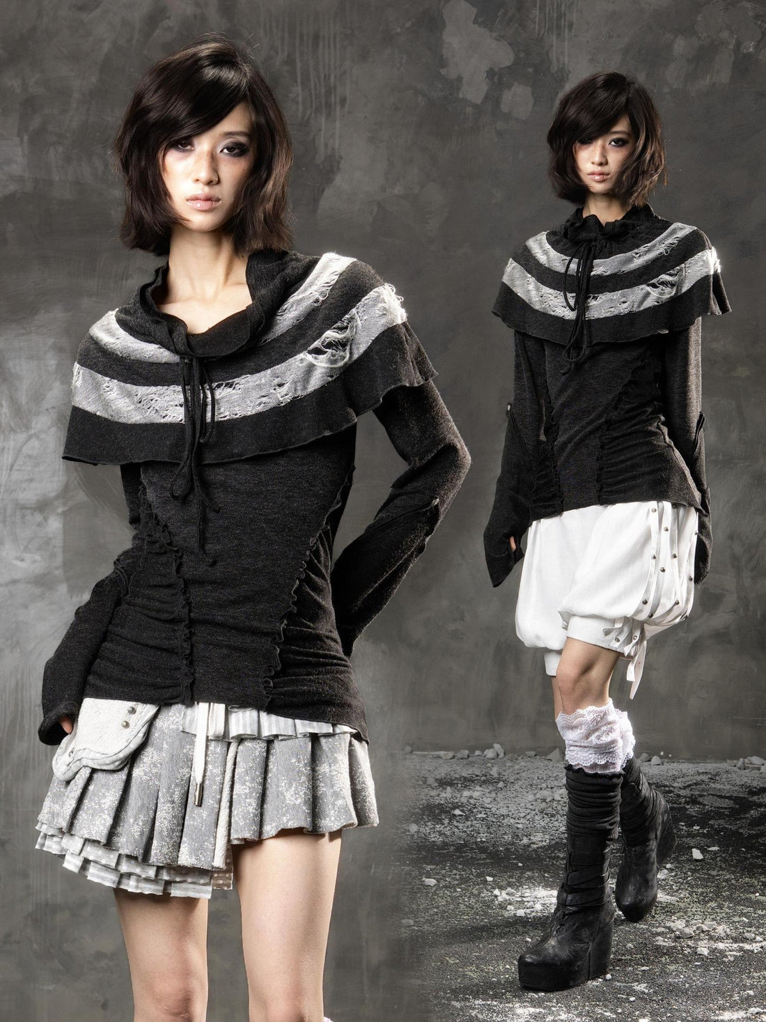 ARIADNAw Slim Fit Spliced Knit Stripe Detail Women Charcoal Black Long Sleeve T-Shirts