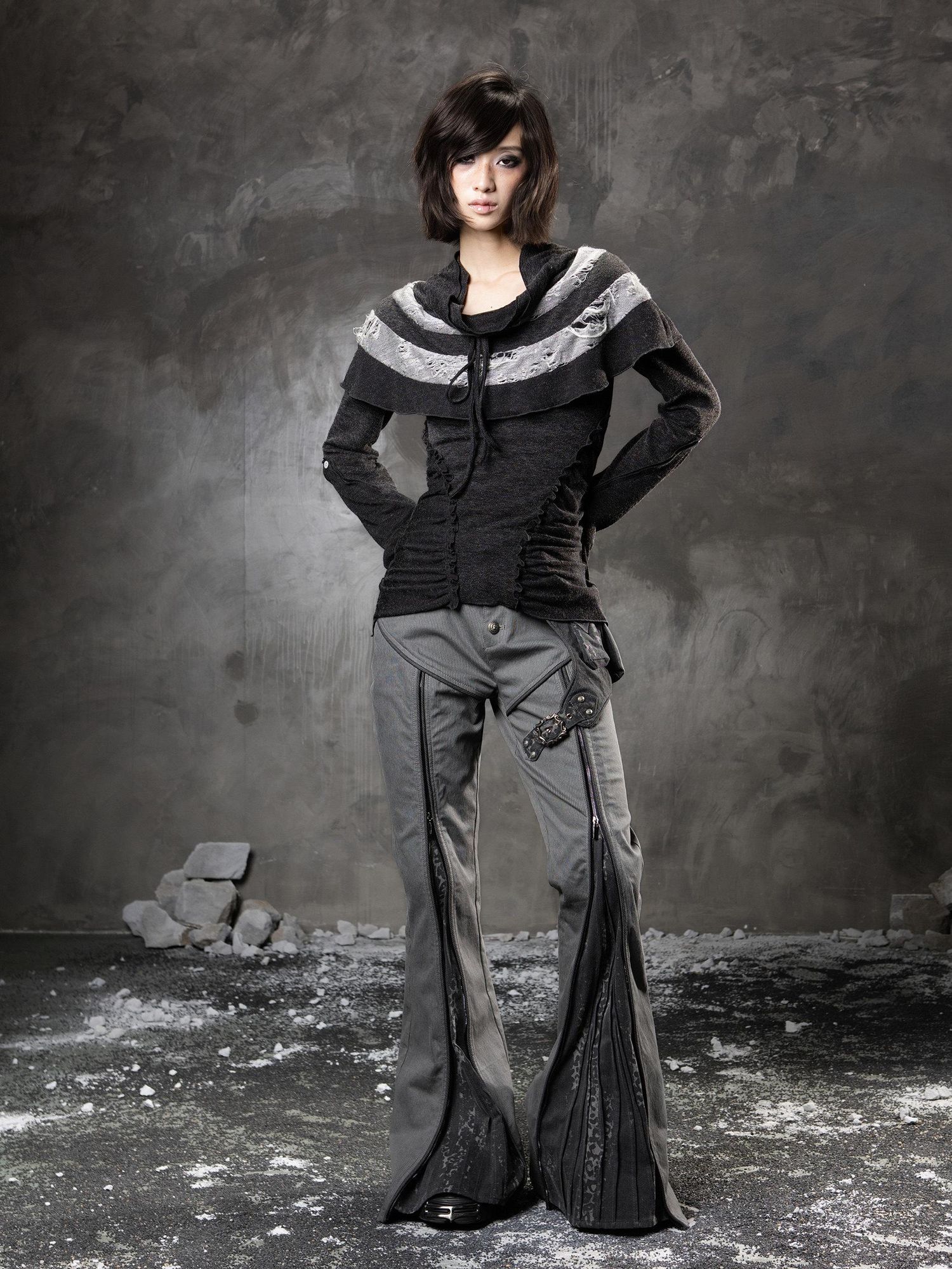 ARIADNAw Slim Low Waist Straight Cut Zipper Women Colorblock Flare Pants
