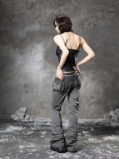 ARIADNAw Slim Low Waist Straight Cut Zipper Women Colorblock Flare Pants
