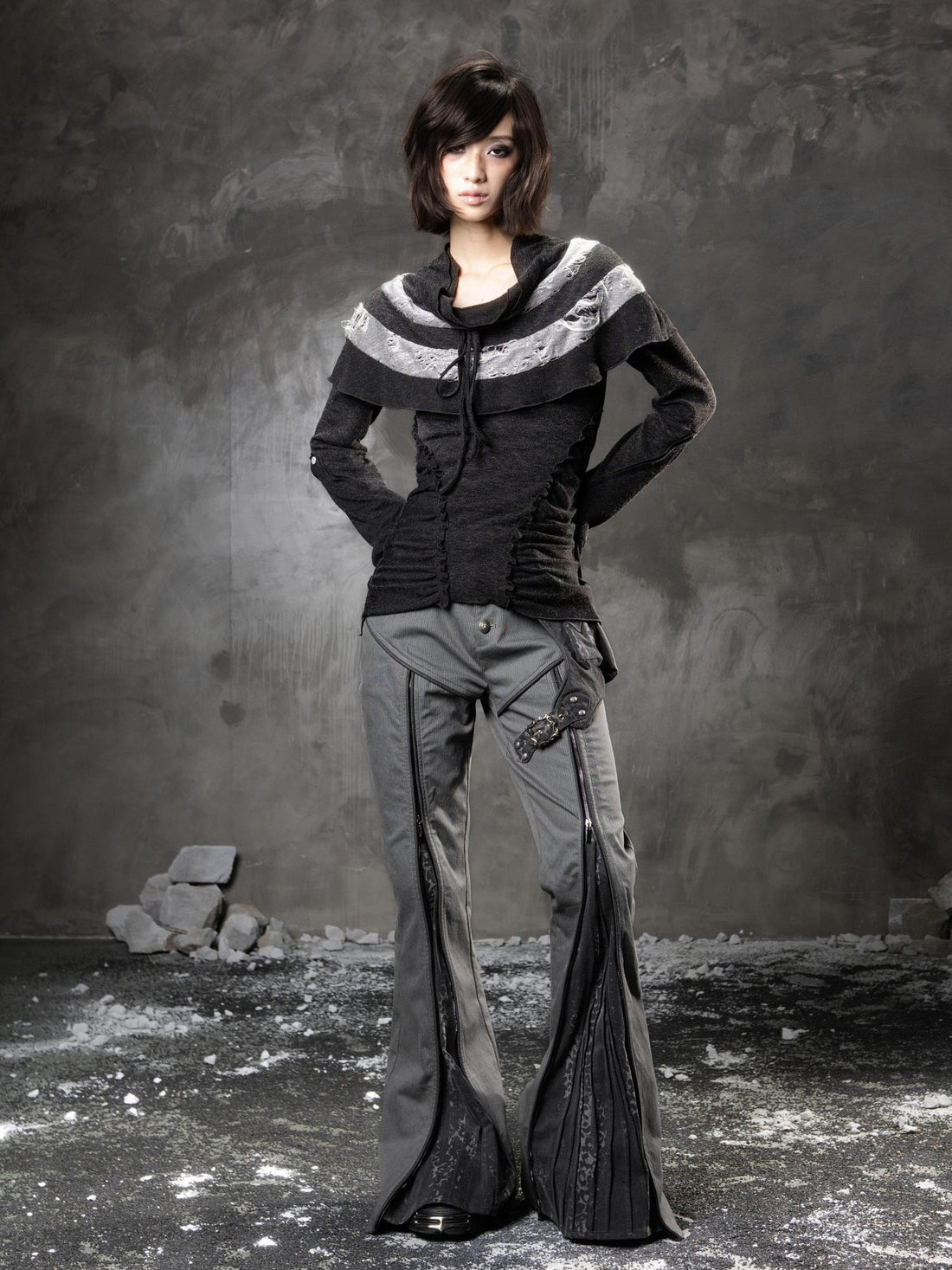 ARIADNAw Slim Low Waist Straight Cut Zipper Women Colorblock Flare Pants