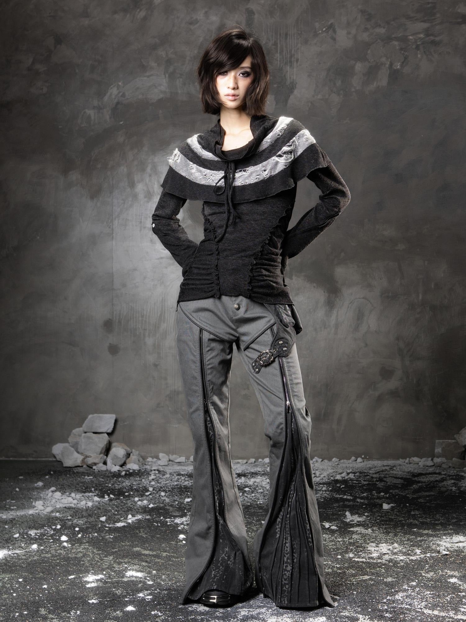 ARIADNAw Slim Low Waist Straight Cut Zipper Women Colorblock Flare Pants