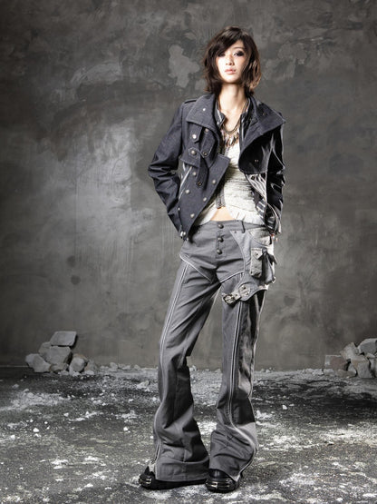 ARIADNAw Slim Low Waist Straight Cut Zipper Women Colorblock Flare Pants