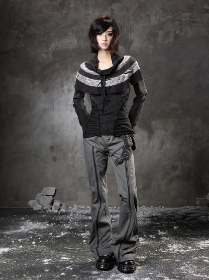 ARIADNAw Slim Low Waist Straight Cut Zipper Women Colorblock Flare Pants